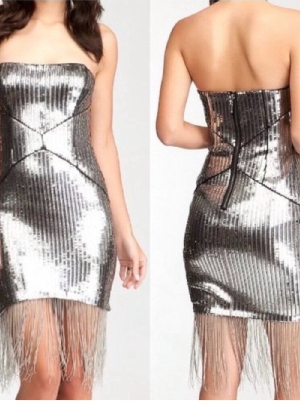 GUESS Strapless Silver Sequin Fringe Mini Dress